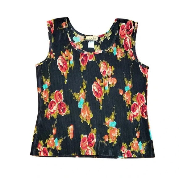 Vintage 90s Y2K CDW Black Red Floral Pleated Sleeveless Shell Blouse Top L - Picture 3 of 13